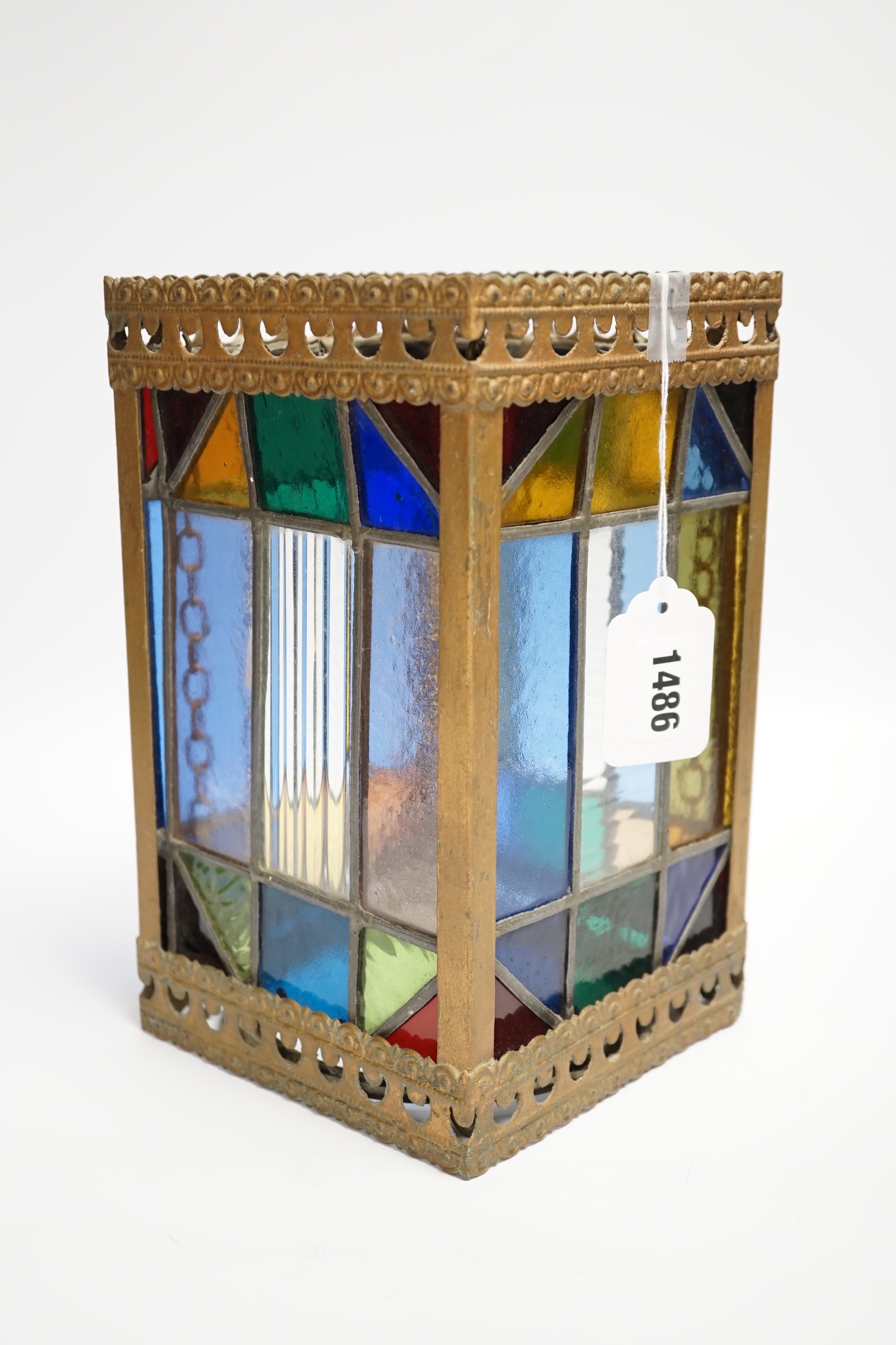 A metal framed leaded glass lantern, 24.5cm high